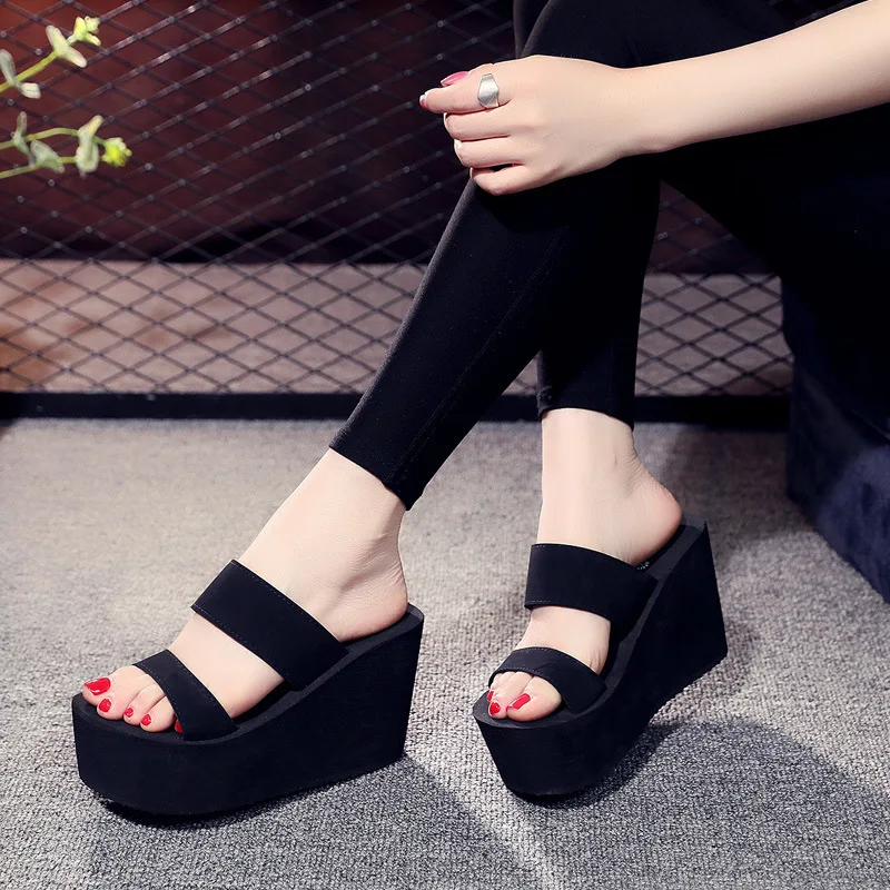 9cm Black Slippers for Women High Heel Wedged Outdoor Casual Slides Flip Flops Summer Beach Holiday Shoes Drop Shipping