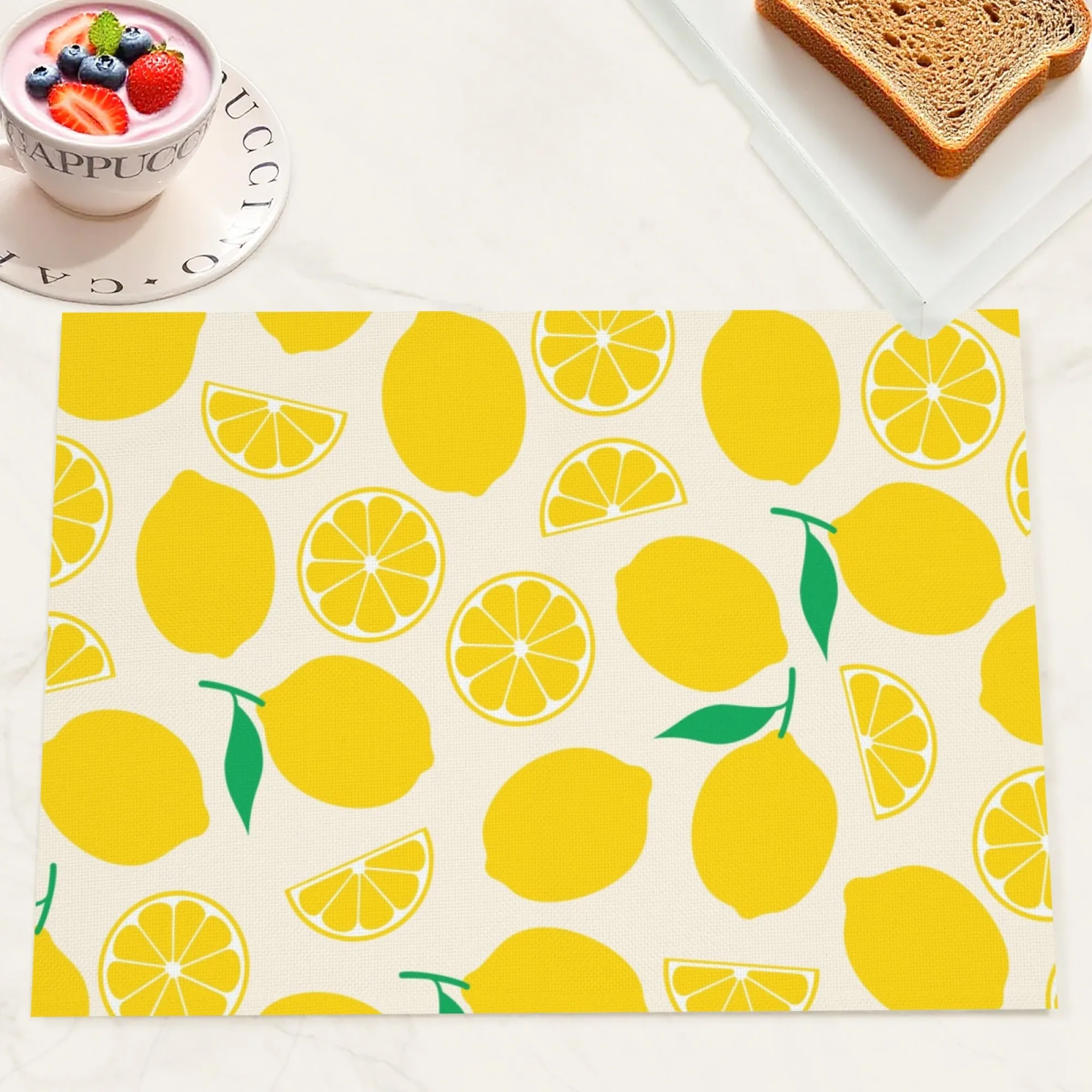 4 Pcs Set Alas Meja Kartun Klasik Motif Lemon Berwarna Beige dengan Elemen Daun Hijau Lemon Utuh & Irisan Dekorasi Meja Segar Musim Panas
