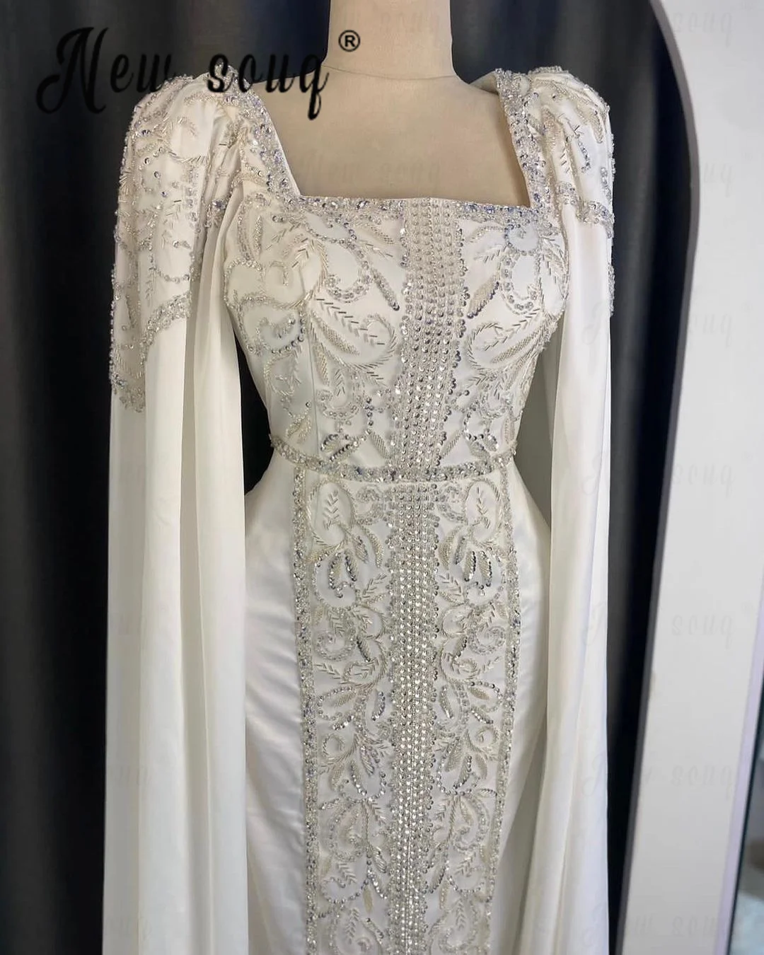 

White Moroccan Kaftan Evening Dress 2024 Crystal Beaded Caftan Gown Embroidery Wedding Dubai Muslim Party Gowns Outfit Dress