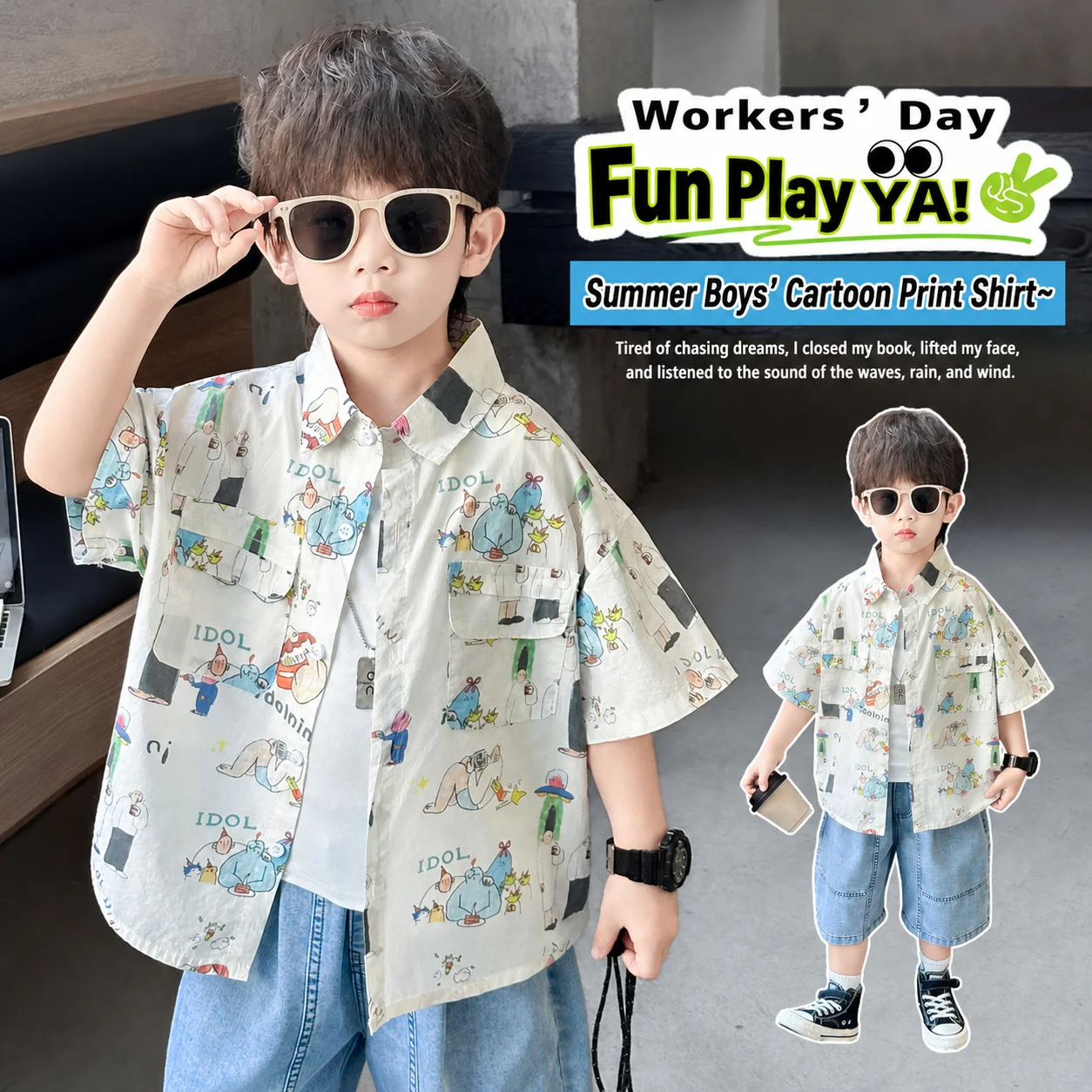 Boys Cartoon Full Print Short Sleeve Shirt Summer Lapel Button Down Kids Casual Loose Blouse Tops Children Fashion Outwear