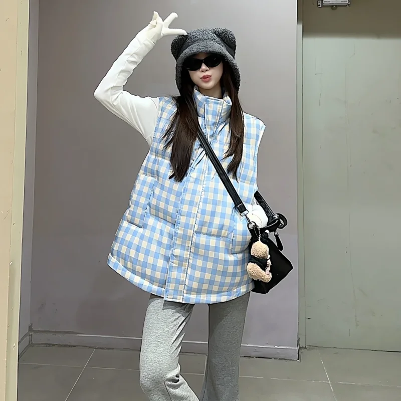 

Воротник-стойка в стиле ретро, студенческий синий клетчатый пуховик, хлопковая куртка, жилет, женский осенне-зимний новый теплый жилет, универсальный топ