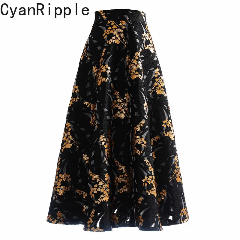 

High Quality Vintage Gold Jacquard Ultra Long Umbrella Skirt New Spring Autumn High Waist Embroidery Hollow Out A-line Skirts