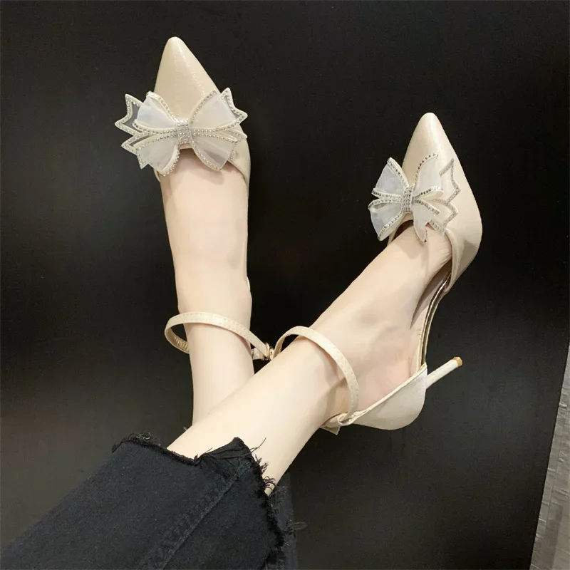 Elegant Silver High Heels Pumps Women 2024 Autumn Plus Size Ankle Straps Party Shoes Woman Pointed Toe Bowtie Wedding Shoes