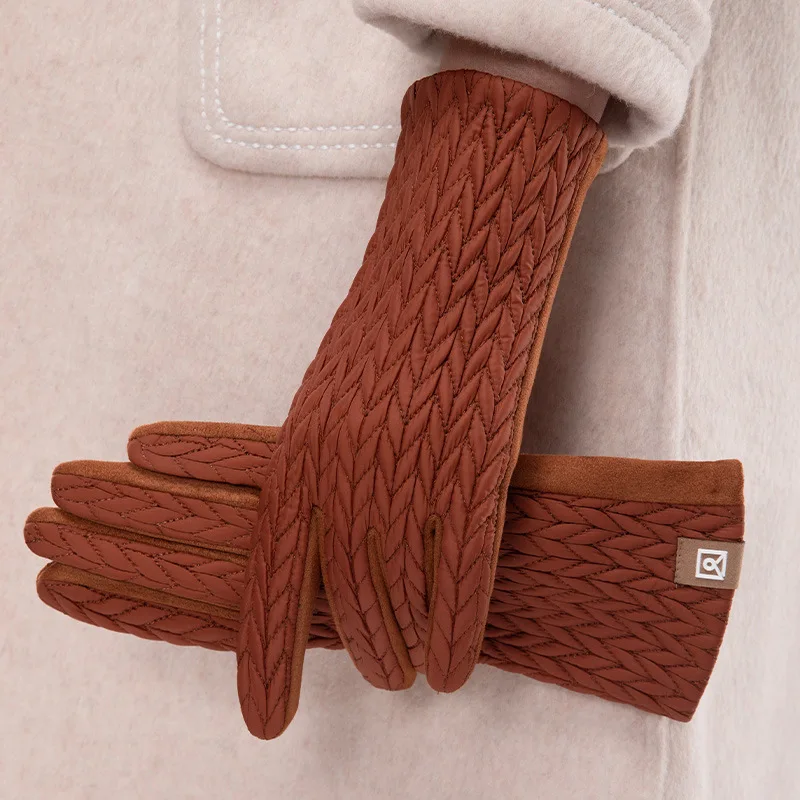 Women Winter Keep Warm Touch Screen Down Suede Fabric Gloves Cycling Drive Fashion Elegant Temperament Windproof Diamond Grid