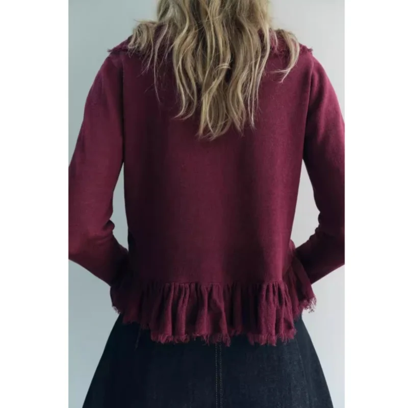 

Autumn New Arrival Women's V-Ne Layered Lace Trim Knitted Long Sve Open Cardigan Top Loose Fit Regular Length Color