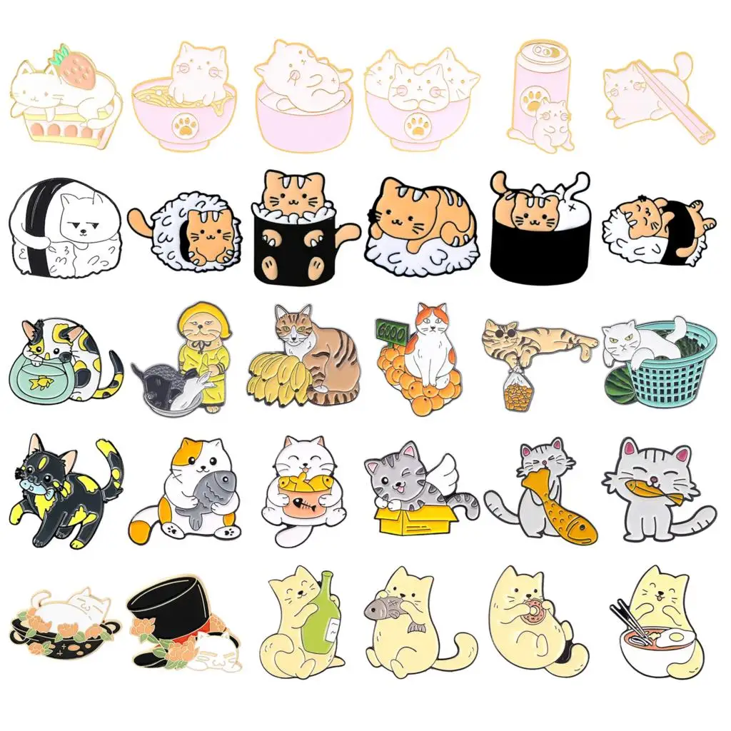 Brooch Cat Eat Fish Sushi Noodles Cat Animal Enamel Alloy Clothing Accessories Backpack Brooch Badge Lapel Pin Cartoon Cute Cat