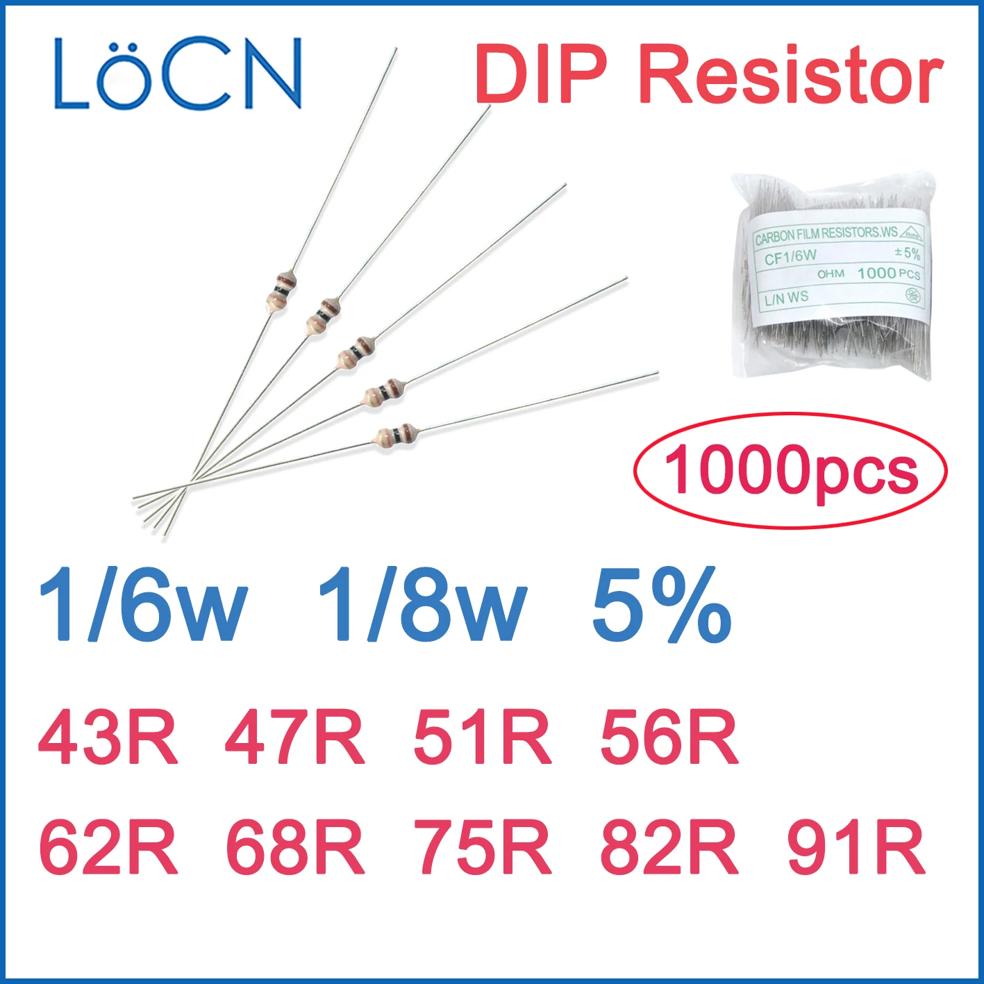 1000pcs 5% 1/6W 1/8W Carbon Film Resistor DIP 43R 47R 51R 56R 62R 68R 75R 82R 91R OHM color ring 1R~2M LoCN