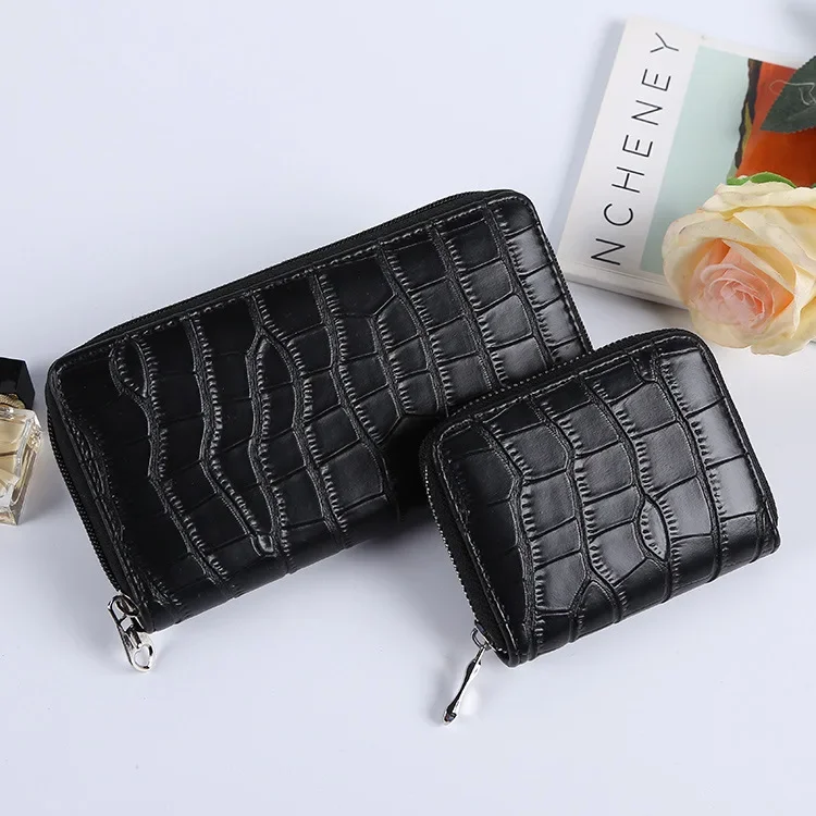 2024 Women's New Long and Short Wallet with Stone Pattern Basic Solid Color Long Wallet Black Pu Wallet