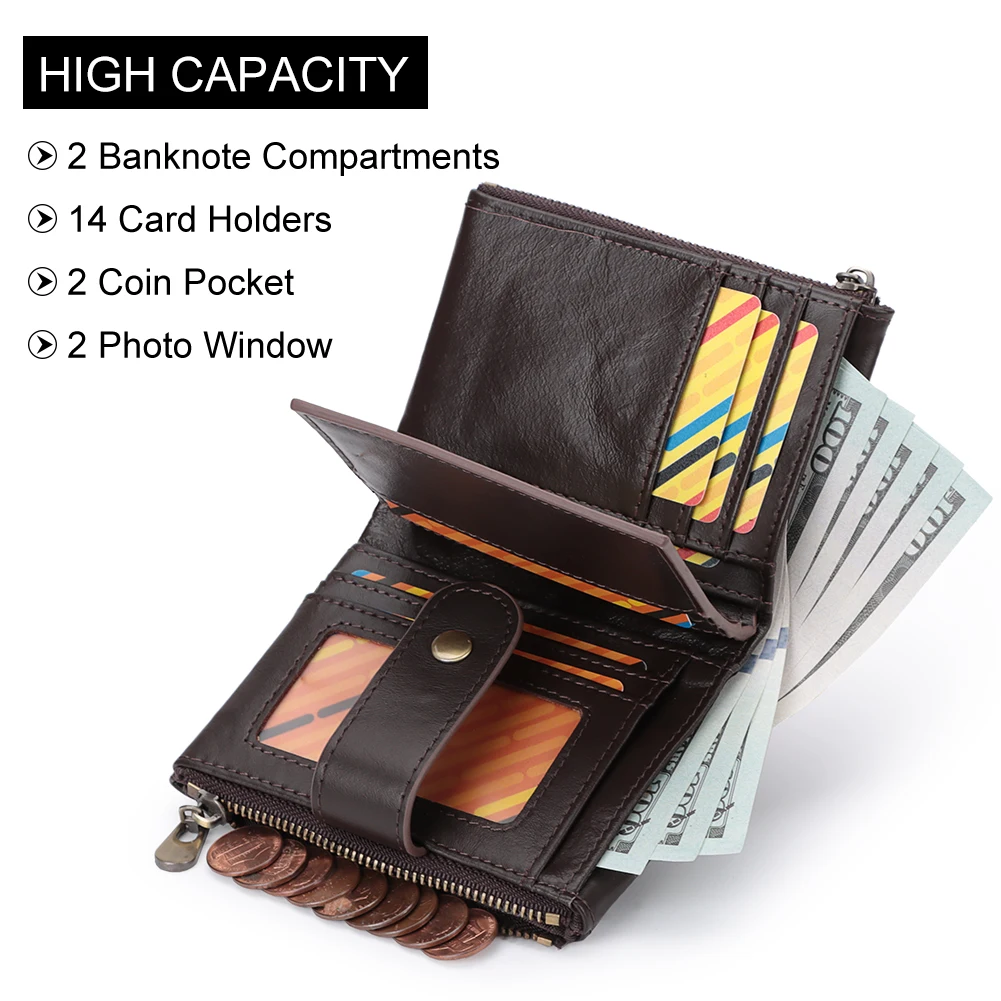 KAVIS 100% Genuine Leather Rfid Wallet Men Crazy Horse Wallets Coin Purse Short Male Money Bag Quality Designer Mini Walet Small