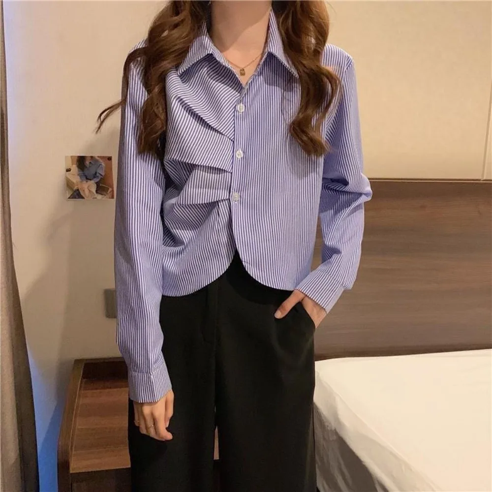 Ins Fashion Short Ruffle Long Sleeve Shirt V-neck Korean Style Women Stripes Blouse Streetwear Stripes Long Sleeve Tops Women