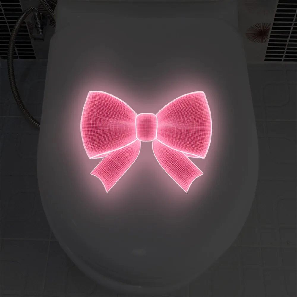 Glowing Bow Toilet Seat Sticker Self-Adhesive Waterproof Bathroom Decor Cute Night Light Effect Easy Peel and Stick for Home