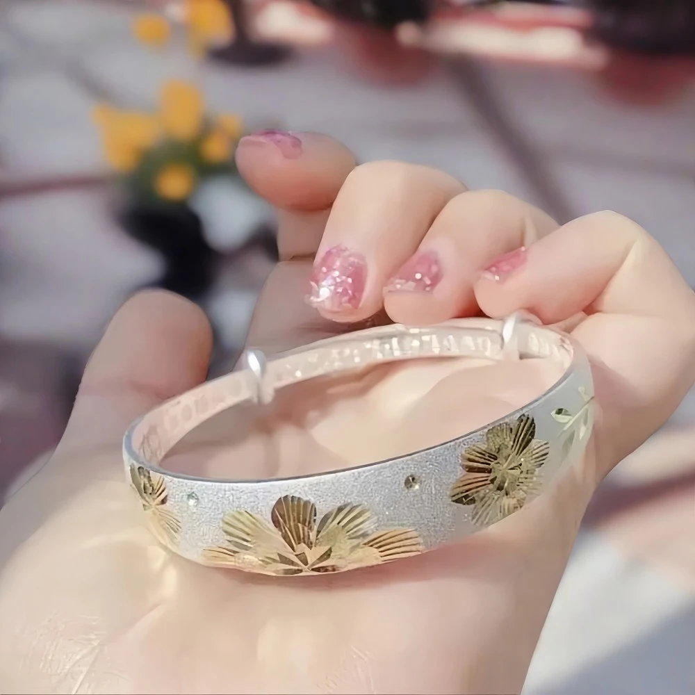 OUYADI 925 Sterling Silver Gold‑Plated Flower Slide Bangle For Women, Push‑Pull Adjustable Bracelet, Jewelry Gift For Mom