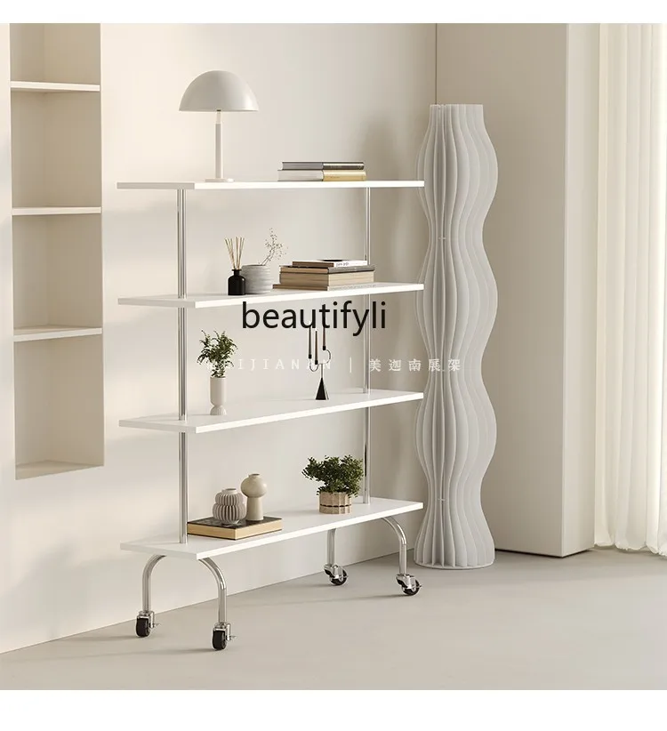 Wheel floor designer storage rack trolley solid wood stainless steel bookshelf medieval shelf