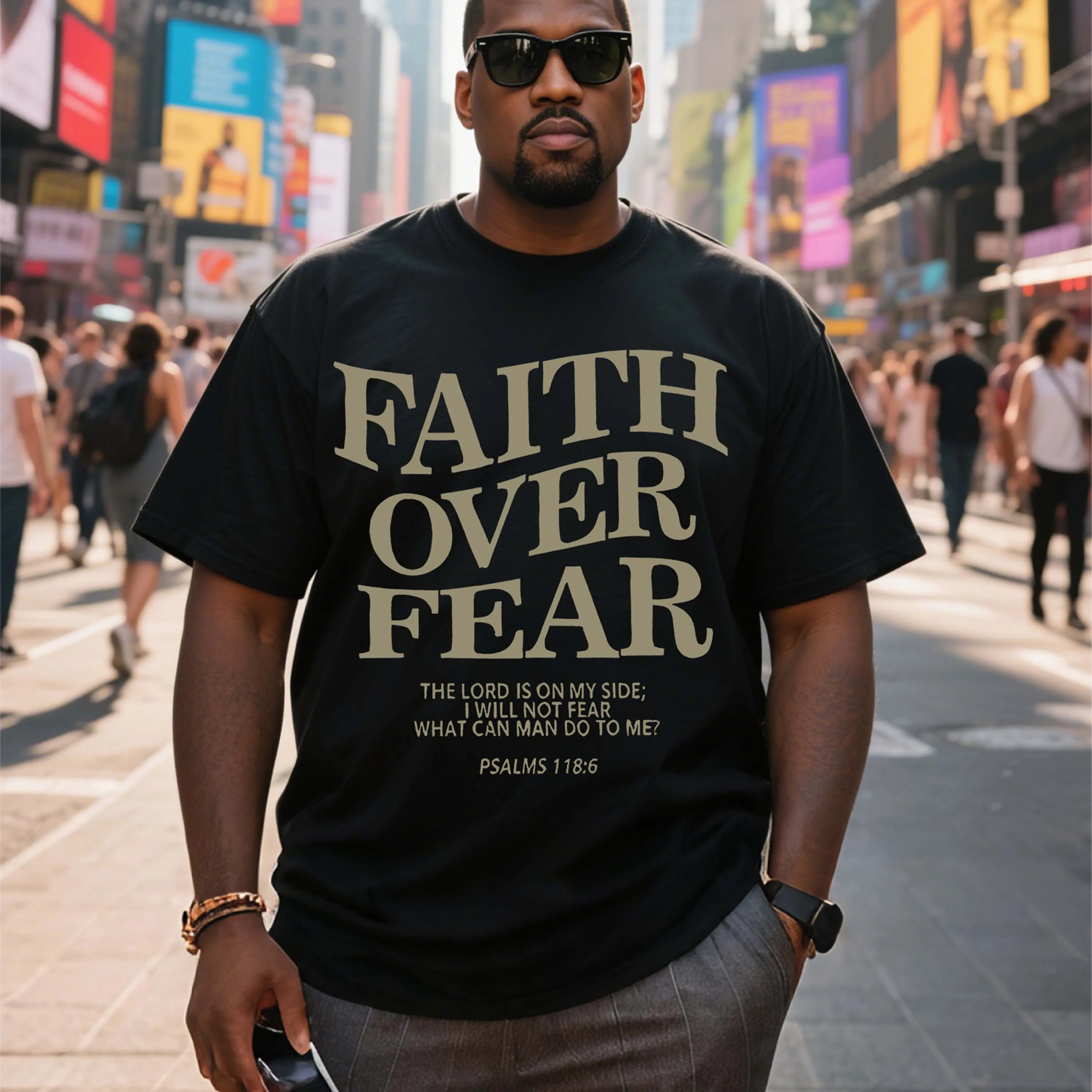 

Черная мужская футболка больших размеров Faith Over Fear с текстовым узором, подходящая для летней одежды для отдыха на открытом воздухе