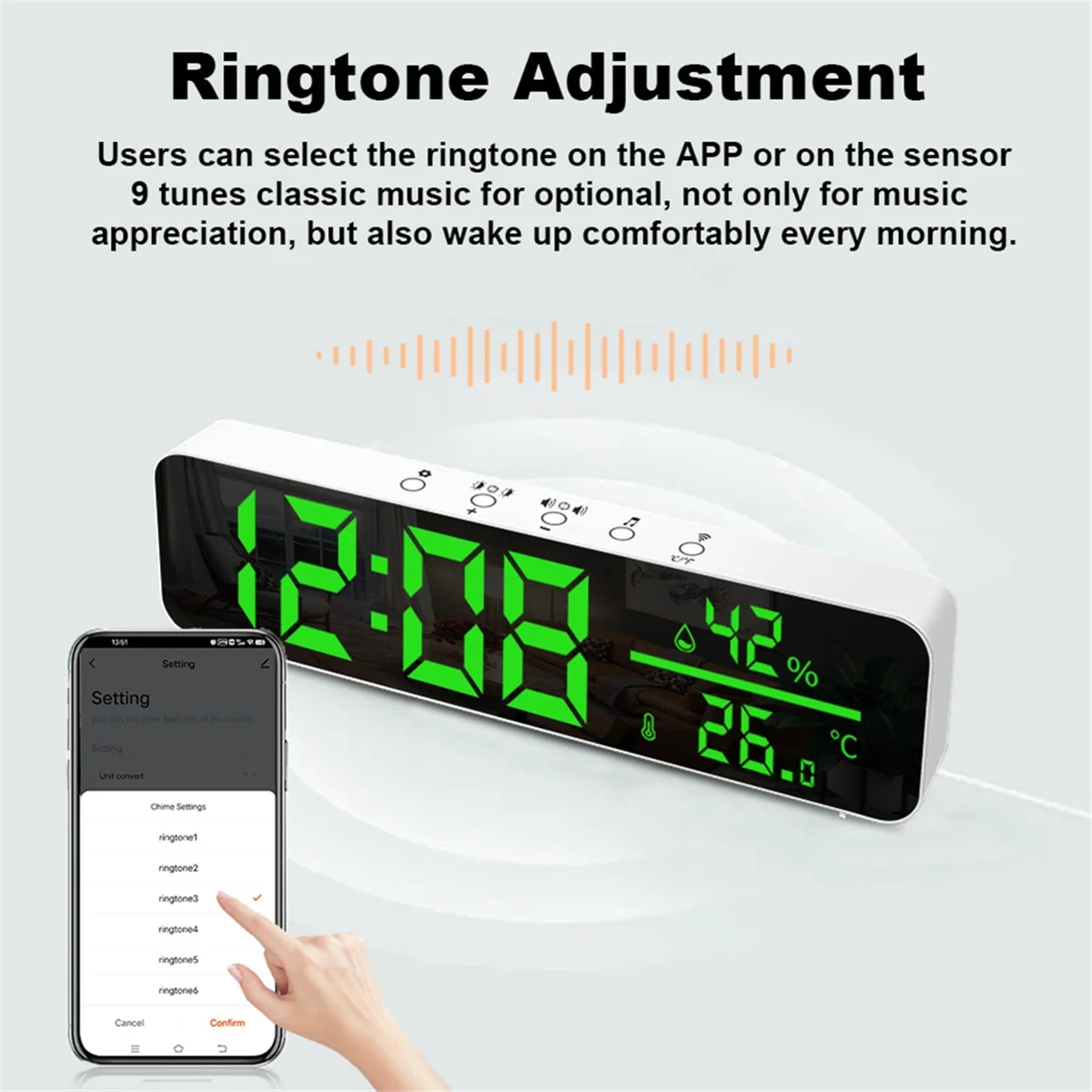 Tuya Wifi Temperature and Humidity Alarm Clock Multi-Function LED Digital Clock for Living Room, Farmhouse, Office