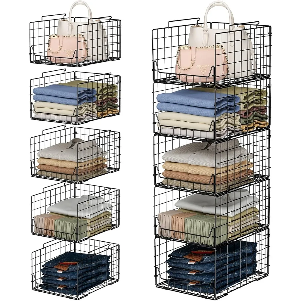 Multi-Level Collapsible Metal Closet Organizer with Foldable Bins for Clothing, Sweaters, and Towels - Sleek Black Wire Basket S