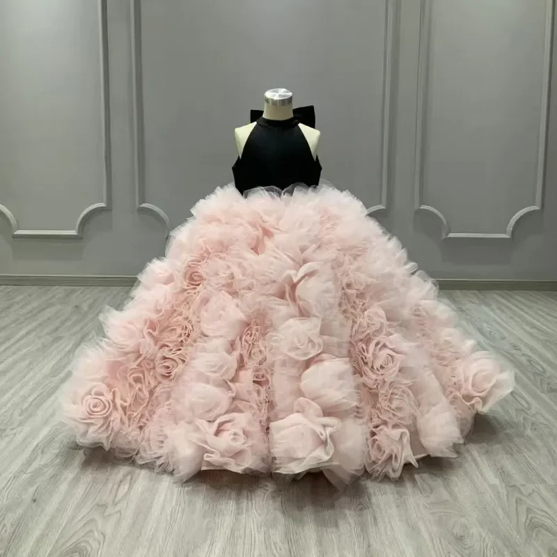 

Pink-black crew-neck backless long children's pageant dress for birthday parties, beauty pageants and weddings