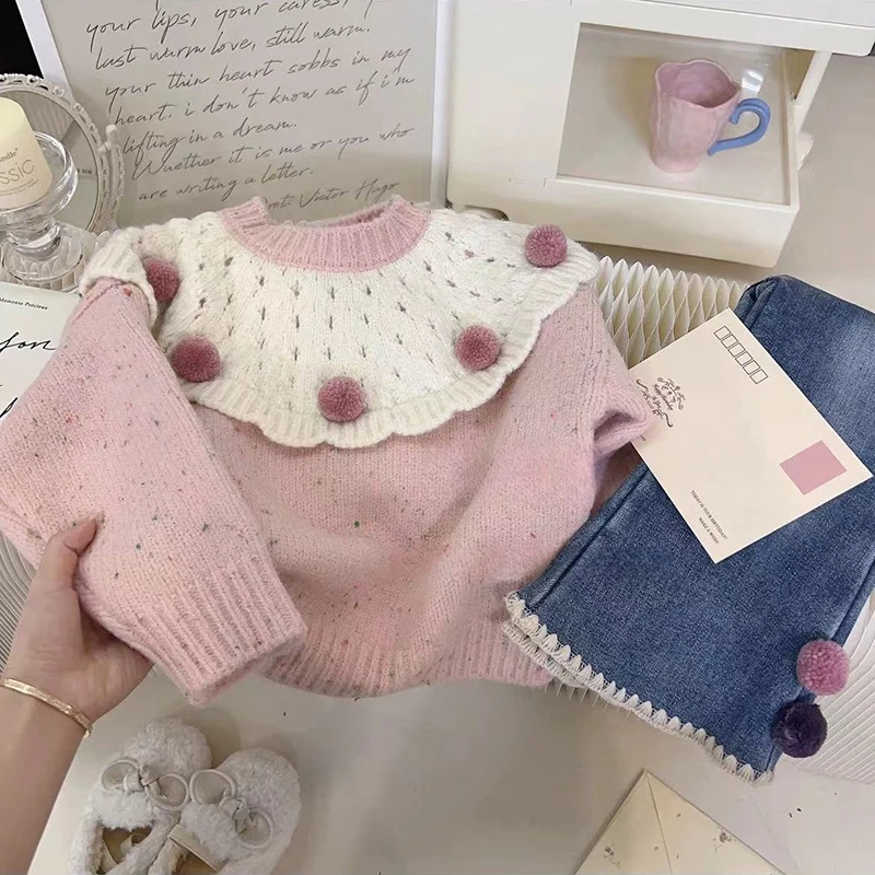 Autumn Winter Girls' Sweater Set Children's Cute Doll Collar Knitted Sweaters Korean Baby Girls Loose Straight Cowboy Trousers