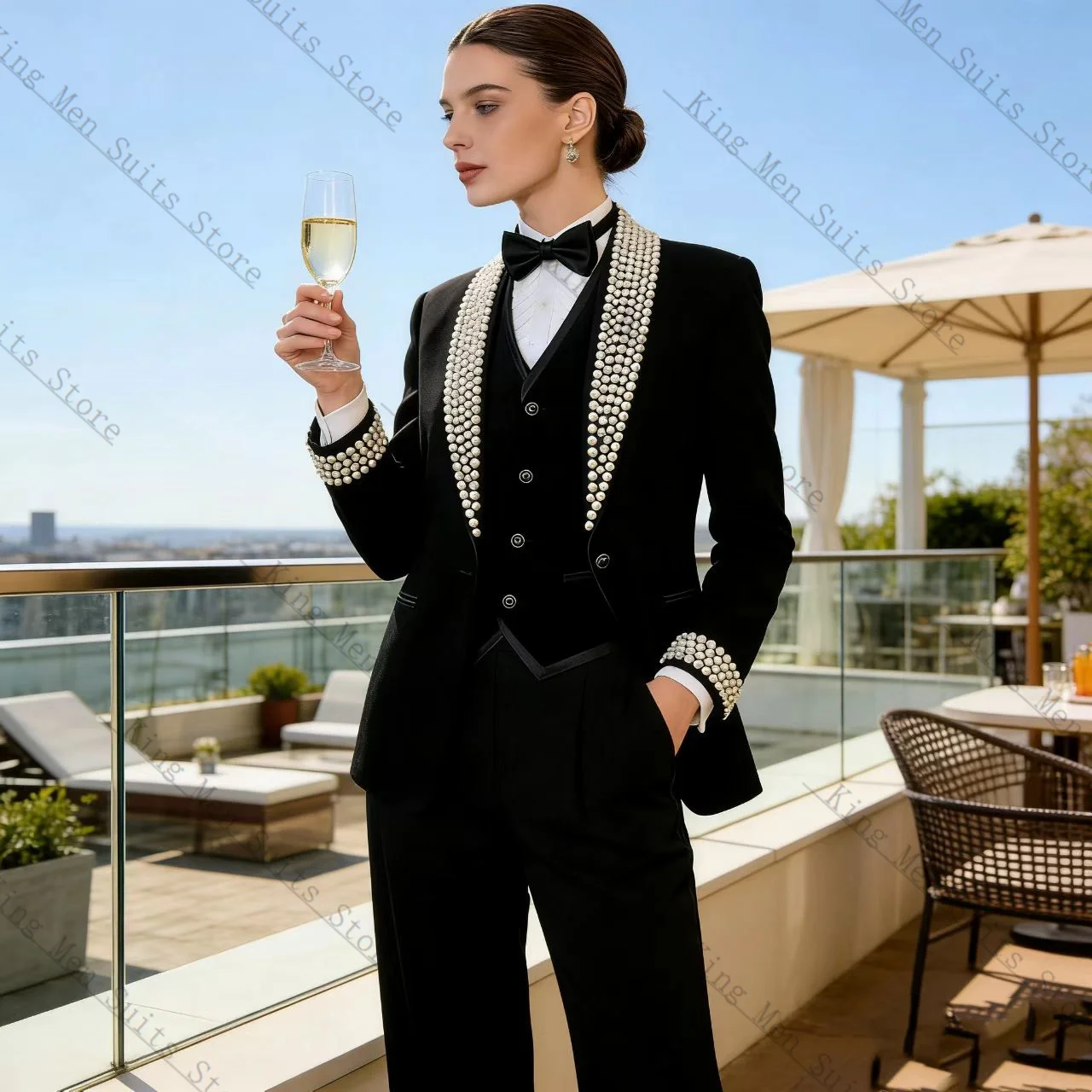 

Velvet Black Women Suit Set 2 Pcs Blazer+Pants Trousers Crystals Customized Formal Office Wedding Tuxedos Coat Prom Jacket