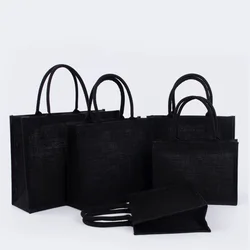 Bolso de mano de arpillera negra con asa, bolsos ecológicos de lino, paquetes portátiles de viaje de gran capacidad, bolsas de compras versátiles