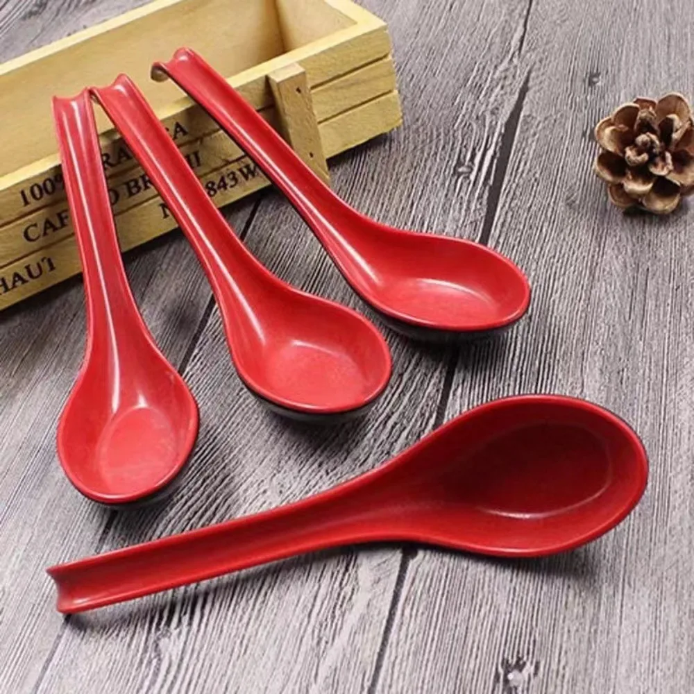 5pcs/set Rice Spoons Plastic Red Black Soup Spoons Bicolor Long Handle Porridge Spoons Anti Scalding Imitation Porcelain Wonton