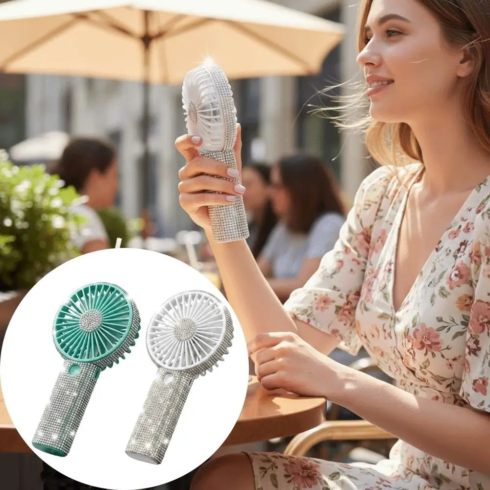Small Size Mini Portable Fan Cute Design Sparkling Imitation Diamonds Handheld Personal Fan Diamond Pattern Long-Lasting Battery