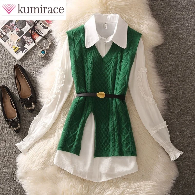 

2024 New Spring Hong Kong Style Suit Senior Clothes For Women Vintage Sweater Ruffle Shirt Two Piece Sweater Dress for Women