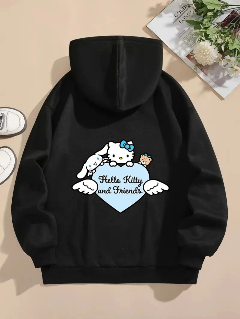 Moletom com capuz estampado Sanrio Picture Hello Kitty com cordão para outono e inverno de algodão quente, confortável e elegante
