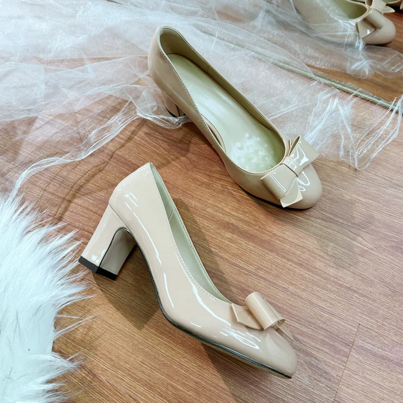 

Новинка весны и осени 2025 года, универсальные женские туфли на высоком каблуке с бантом на мелком среднем каблуке