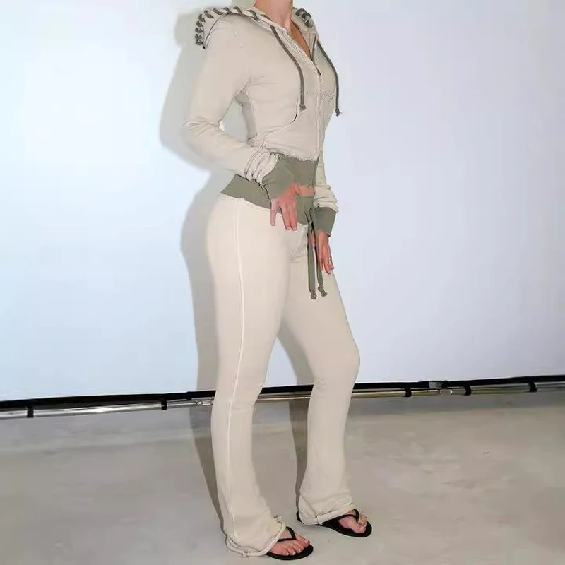 2 Two Piece Lounge Set Women Clothing Elegant Tracksuit Drawstring Hoodie Zip Crop Jacket and Flared Pants Outfit Matching Sets