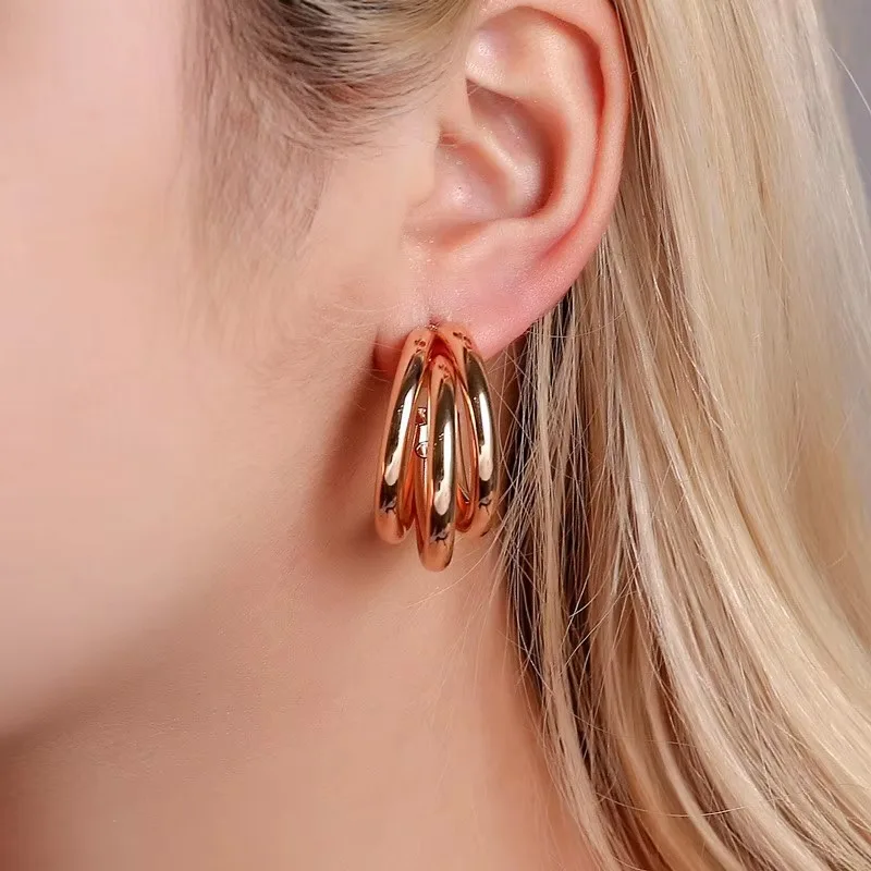 Simple Metal C Shape Dangle Earrings for Women Trendy Retro Three Layer Personality Geometry Drop Earrings Round Circle Jewelry