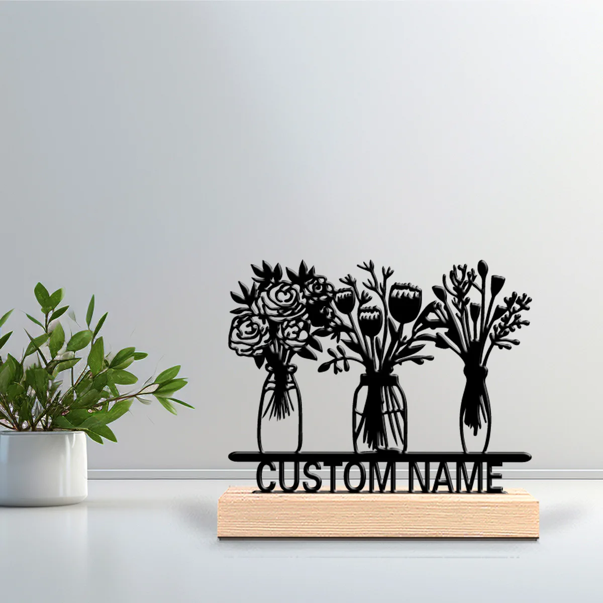 1 pièce Vase simple en métal avec texte personnalisé, ornement en fer et base en bois, ou ornement en étain avec base en bois, pour la décoration intérieure