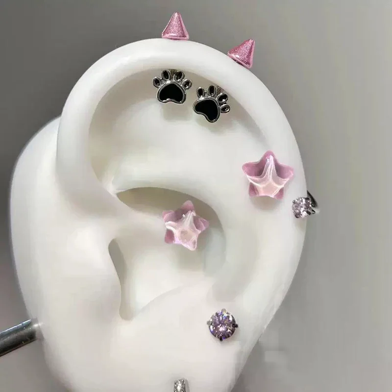 لطيف القط باو الشيطان مربط ثقب القرط للنساء الرجال القوطية الأذن العظام مسمار القرط Y2K مجوهرات اكسسوارات #6