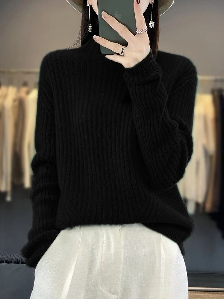 

Elegant Commuting Soft Warm Striped Comfort Thick 100% Merino Wool Knitwear Basic Mock Neck Chic Women's Pullovers Sweater Tops