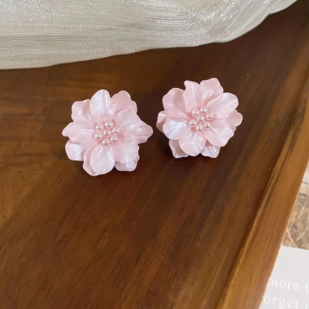 Elegant Pink Flowers Drops Earrings Acrylic Pearl Fashion Big Flower Stud Earrings South Korean Style Sweet Temperament