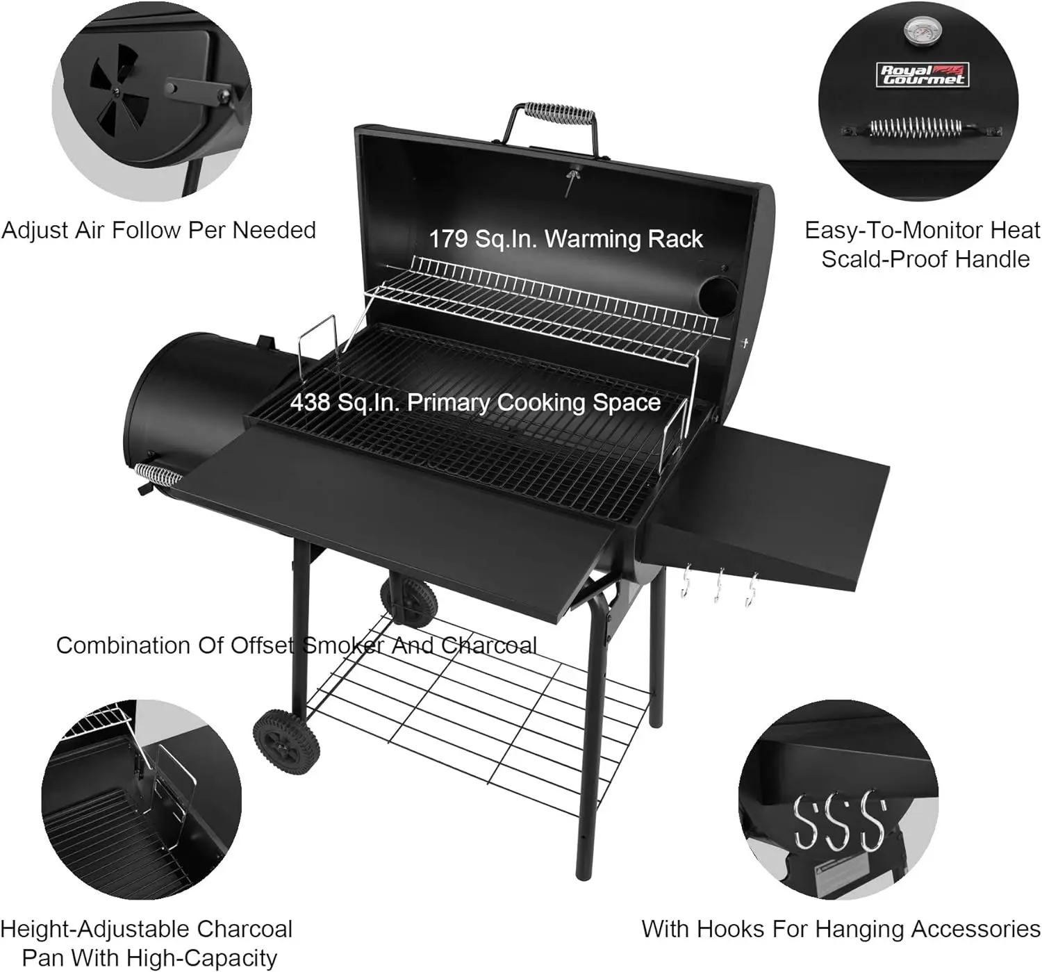 Large Cooking Area Barrel Barbecue Smoker BBQ Charcoal Grill with Offset  Outdoor for Camping Black