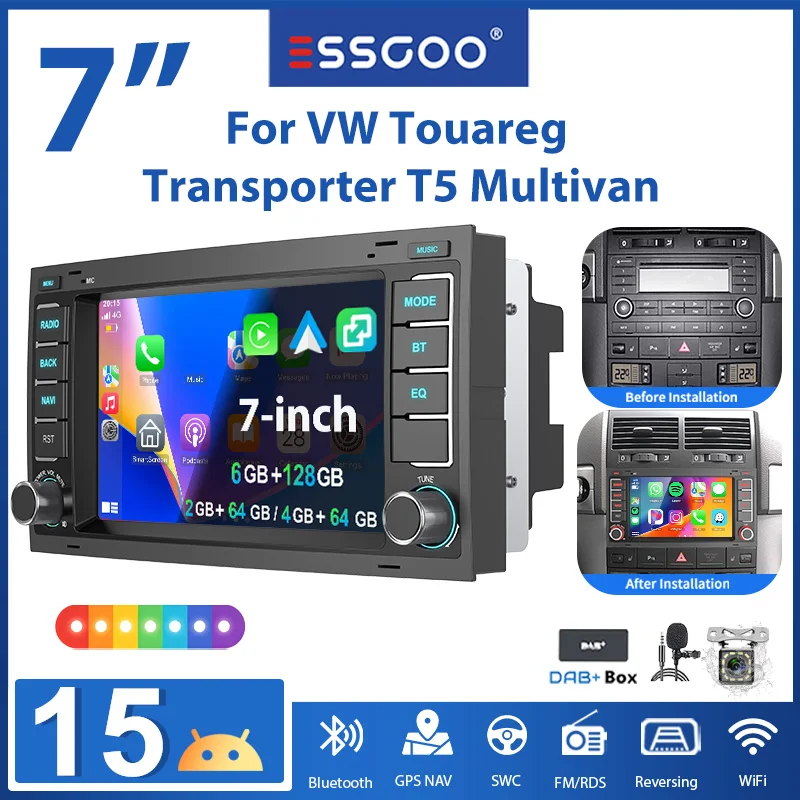 ESSGOO 7 Zoll Android 15 2+32G/4+64G/6+128G passend für VW T5 Multivan und Transporter, Autoradio mit kabellosem CarPlay, Android Auto, GPS Navigation, RDS FM Radio, WLAN, Bluetooth, Mirror Link,