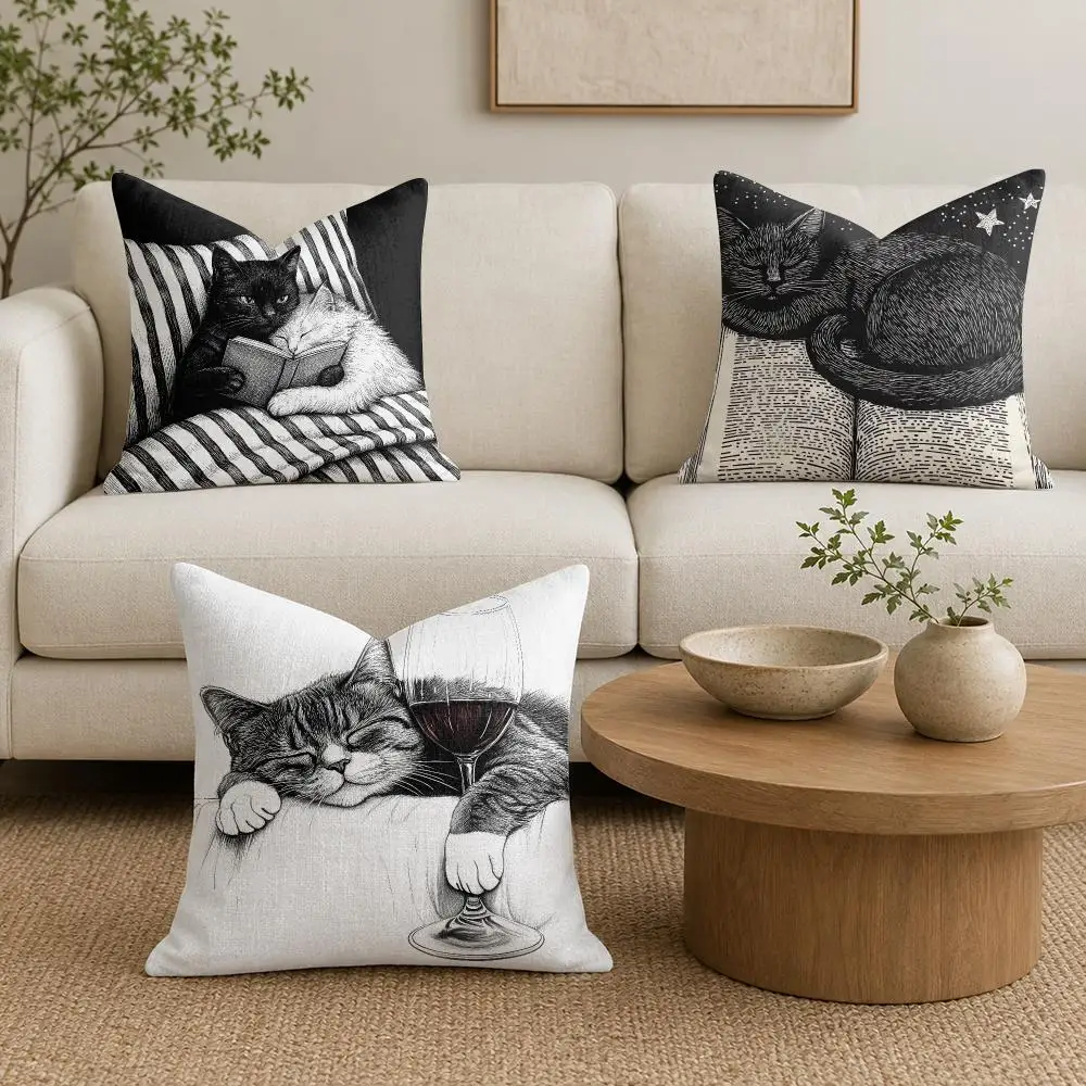 Couple Cats Cushion Cover Natural Linen Organic Fabric Double-Sided Printing Sofa Home Decor Gift Pillow Cover