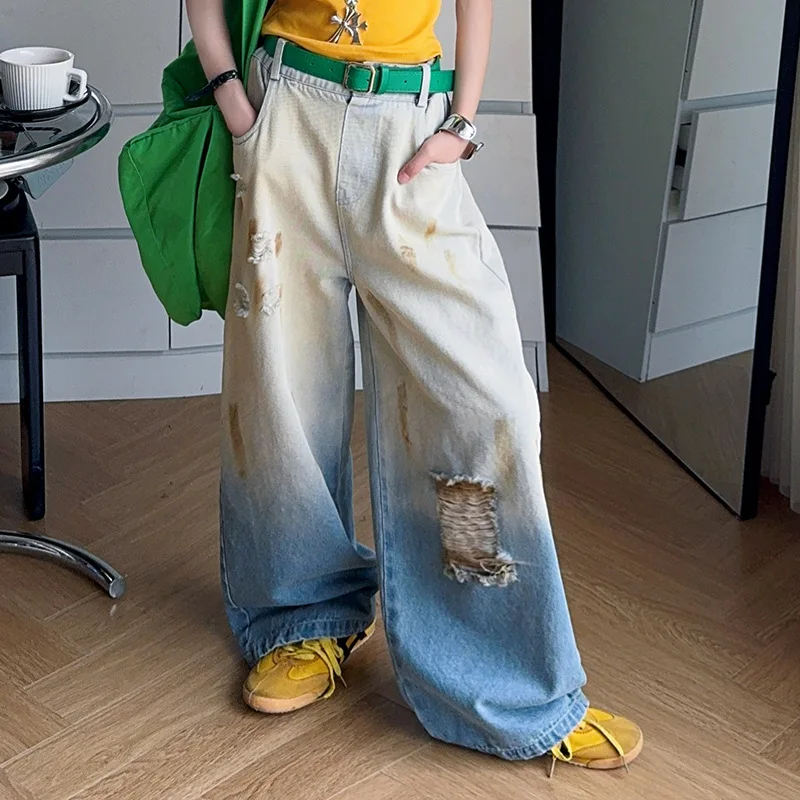 High Fashion Girls Hip Hop Y2K Gradient Dip Dye Jeans with Belt for Kids Trendy Streetwear Denim Pants Child Hiphop Ripped Jeans