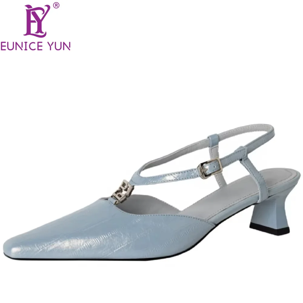 

【EUNICE YUN】Новые летние женские сандалии ручной работы из натуральной кожи с квадратным носком, сандалии на среднем каблуке с пряжкой, размеры 34-40