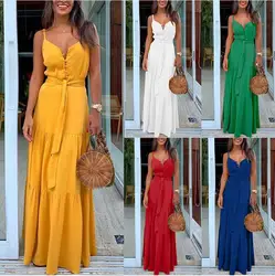 Elegant and Sexy Summer Women's V-neck Beach Dress with High Waist Waist Waist Waist Belt and Sling Long Dress for Party