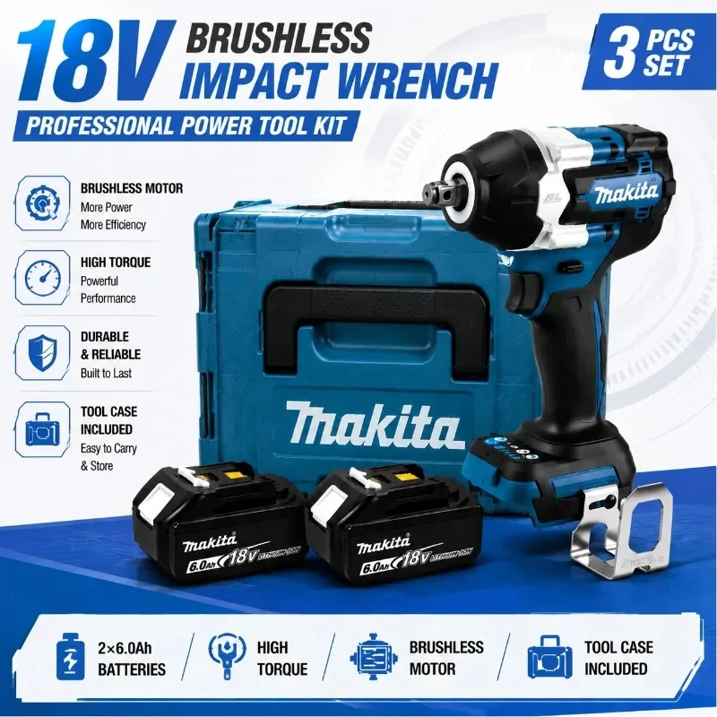 Makita DTW700 1000N.M bürstenloser, kabelloser 1/2"-Schlagschrauber, vielseitiges Hochleistungs-Elektrowerkzeug mit variabler Geschwindigkeitsregelung, kompatibel mit 18V-Lithium-Akku für