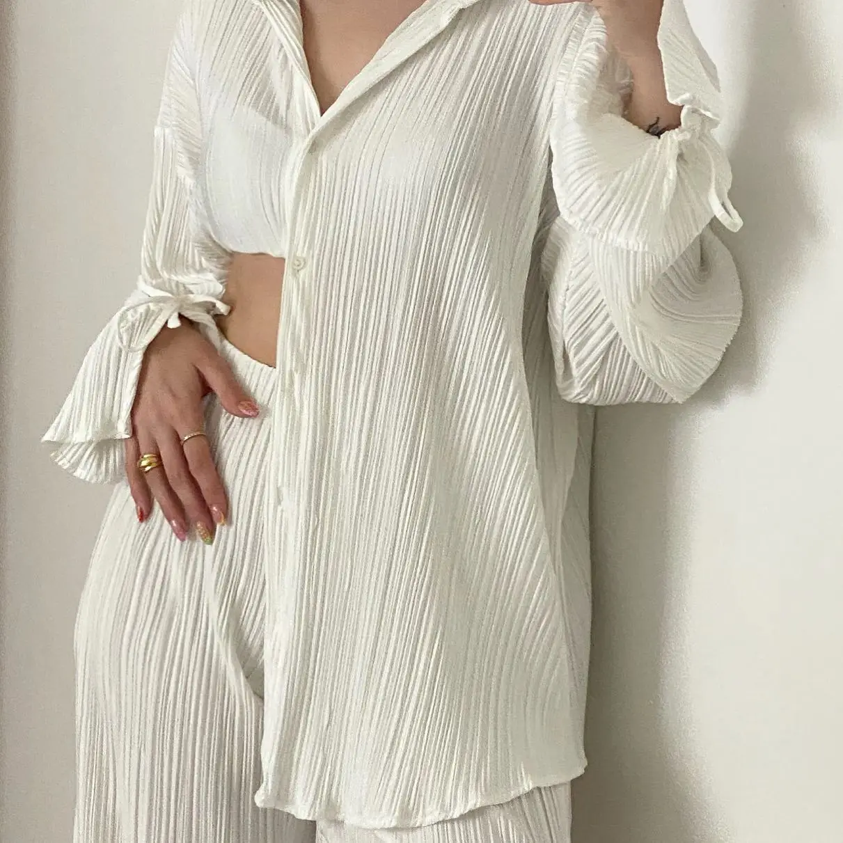 Solid Casual Outfits Sexy V Neck Buttons  Long Sleeve Blouse and Elastic Waist Split Pants Suits 2022  Loose 2 Piece Women Sets