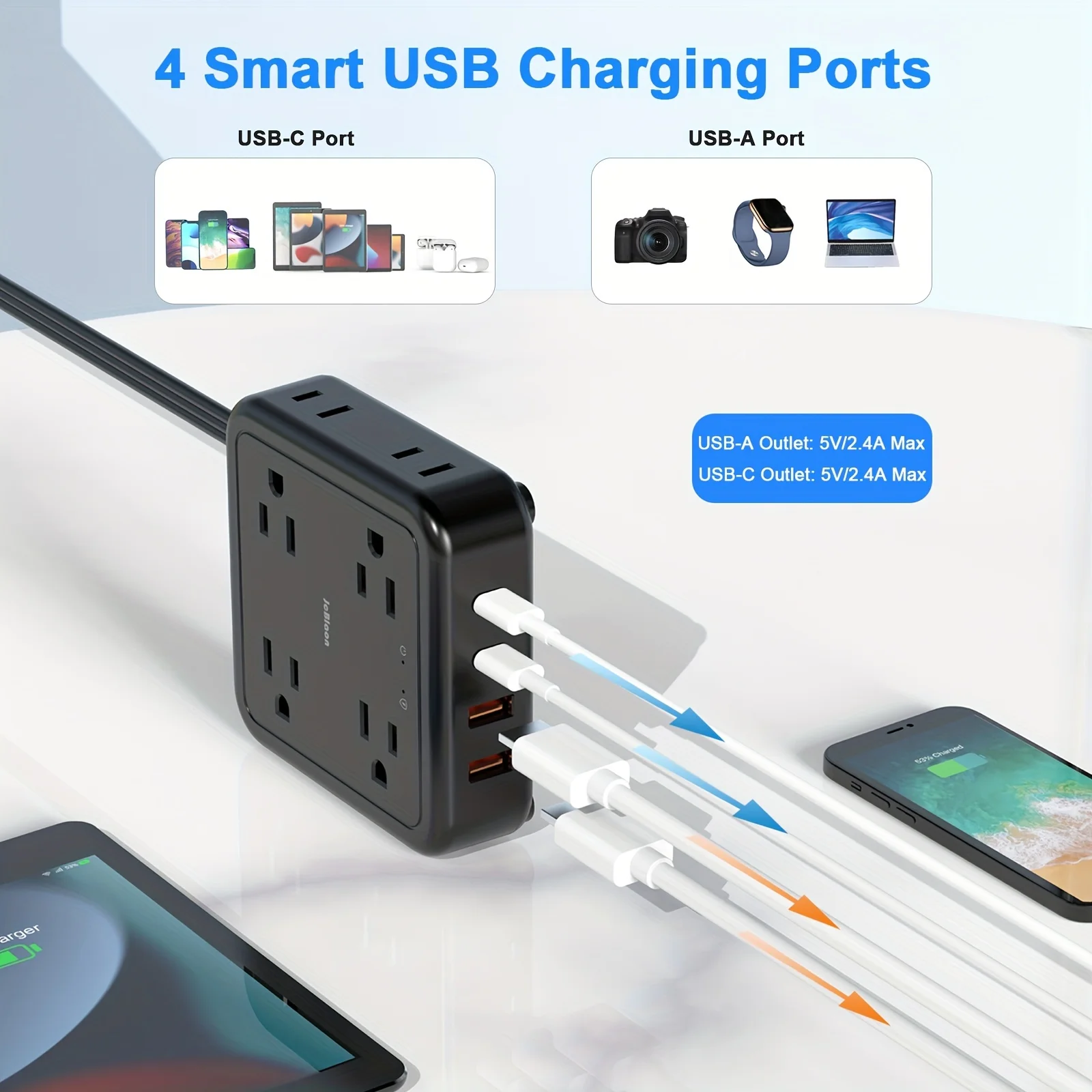 12-in-1 US Plug Power Strip AC Outlet Multiprise Wall Socket Universal Network Filter USB Ports 5Ft Extension Cord Electrical