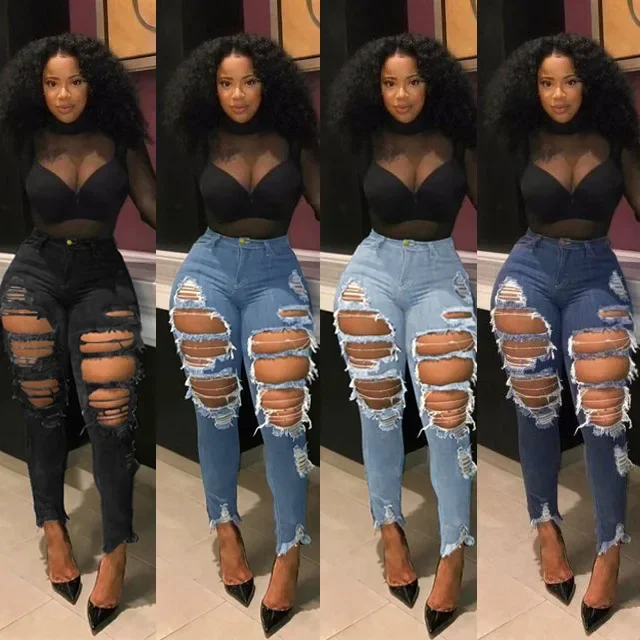 

Hole Jeans Women Denim Pencil Pants Streetwear Washed Skinny Stretch High Waist Distressed Ripped Ankle Length Trousers 2025