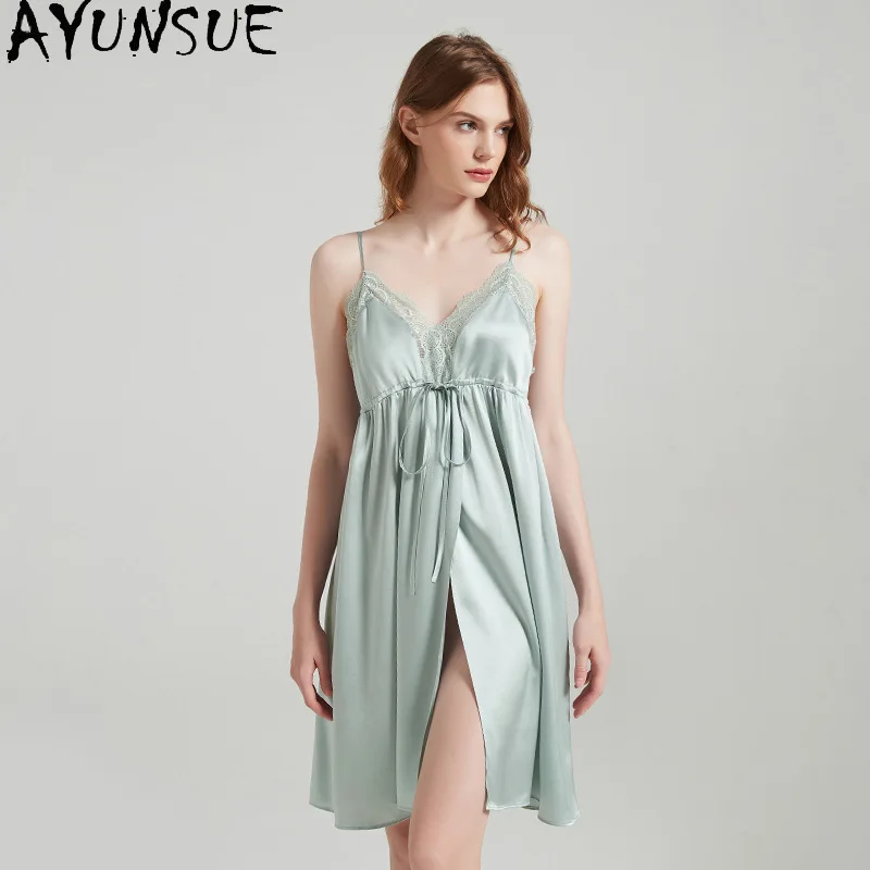 

AYUNSUE 100% Mulberry Silk Nightgrown Sexy Sleepwear 19mm Real Silk Night Dress for Women Summer Womens Clothes Пижама Женская