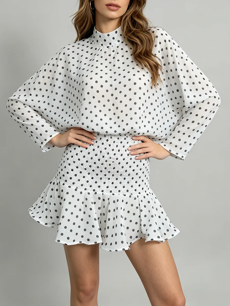 TWOTWINSTYLE Hit Color Dot Two Piece Sets for Women Stand Collar Long Sleeve Loose Top High Waist Mini Skirt Casual Set Female