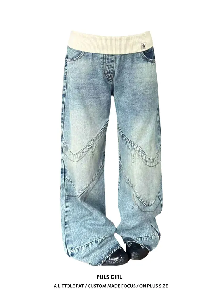 

Retro Washed American Style plus Size Denim Jeans High Waist Loose Wide Leg Long Pants Slimming Effect Casual Wear