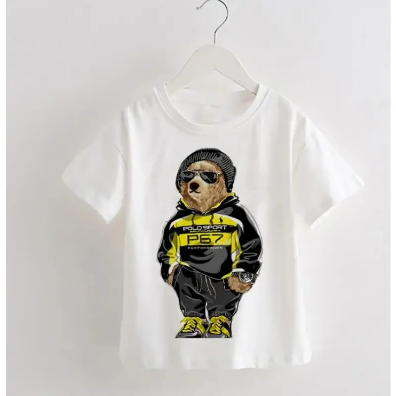 T-shirt engraçado dos desenhos animados das crianças, tops, roupas, urso, gato, criança, bebê, criança, crianças, meninos, meninas, crianças, curto, novo