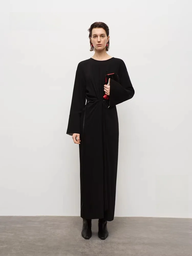 

Винтажное женское платье Ele: новое осеннее, с поясом, приталенное, с длинными рукавами, в пол, из полиэстера